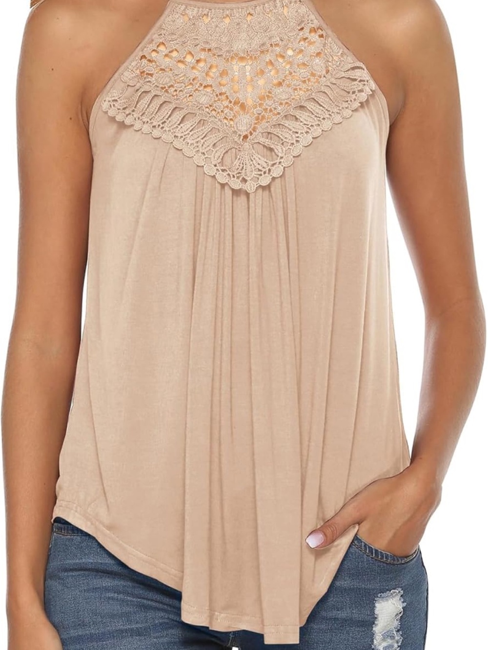 Women's Crochet Yoke Halter Tank Top - Beige